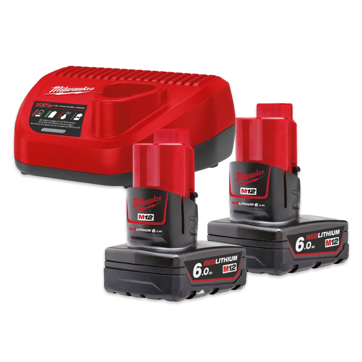 Kit Milwaukee M12 NRG-602 con dos baterías M12 B6 6.0Ah y un cargador M12 C12 C.