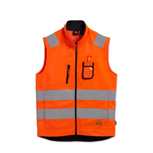 Chaleco de trabajo multibolsillos DIADORA HV VEST ISO 20471:2013 de alta visibilidad en color naranja fluorescente.