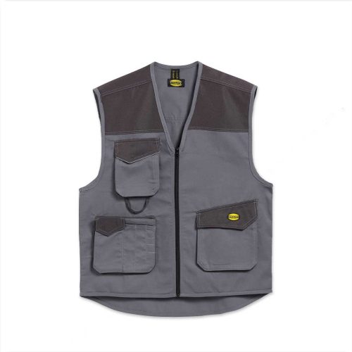 Chaleco de trabajo DIADORA VEST MOVER confeccionado con poliéster y algodón twill y equipado con múltiples bolsillos, en color gris acero.