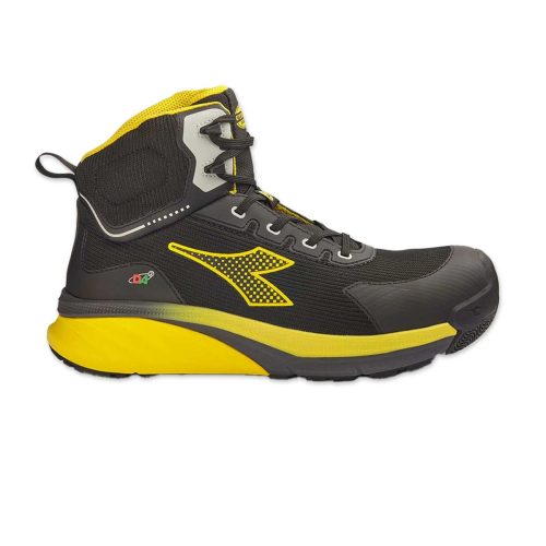 Botas de seguridad DIADORA VORTEX DA2 MID S3S SC SR HRO ESD con tecnología de amortiguación DA2 en color negro y amarillo.